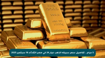 5 جرام.. تفاصيل سعر سبيكة الذهب عيار 24 في مصر الثلاثاء 16 سبتمبر 2025